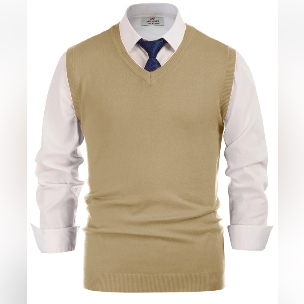 Men's Tan V-Neck Sleeveless Knit Sweater Vest Large NWT